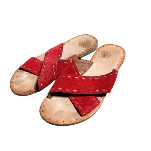 Frye Shoes New Frye Pickstitch Red Suede Slide Sandals Size 7.5 - Picture 1 of 5